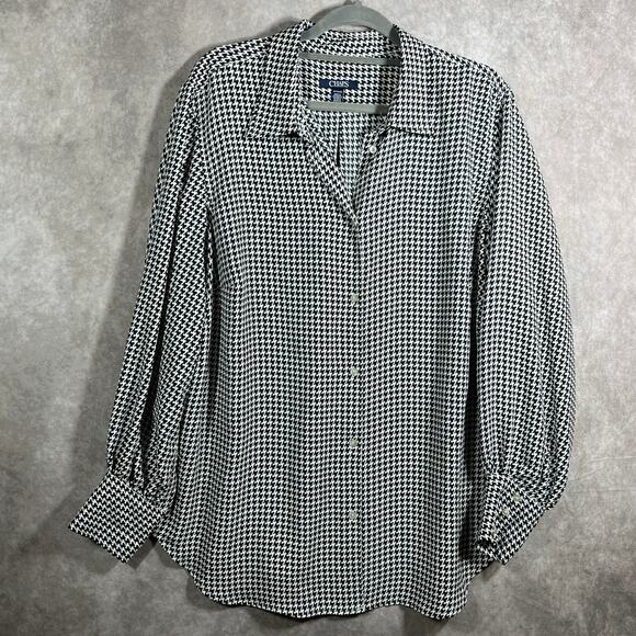 Chaps Shirt Womens Size 1X Black White Houndstooth Button Up Long Sleeves Casual - Picture 1 of 8